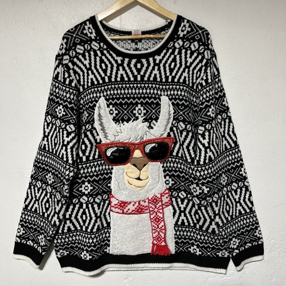 Holiday Time Llama Black White Mens/Womens Christmas Sweater 2XL